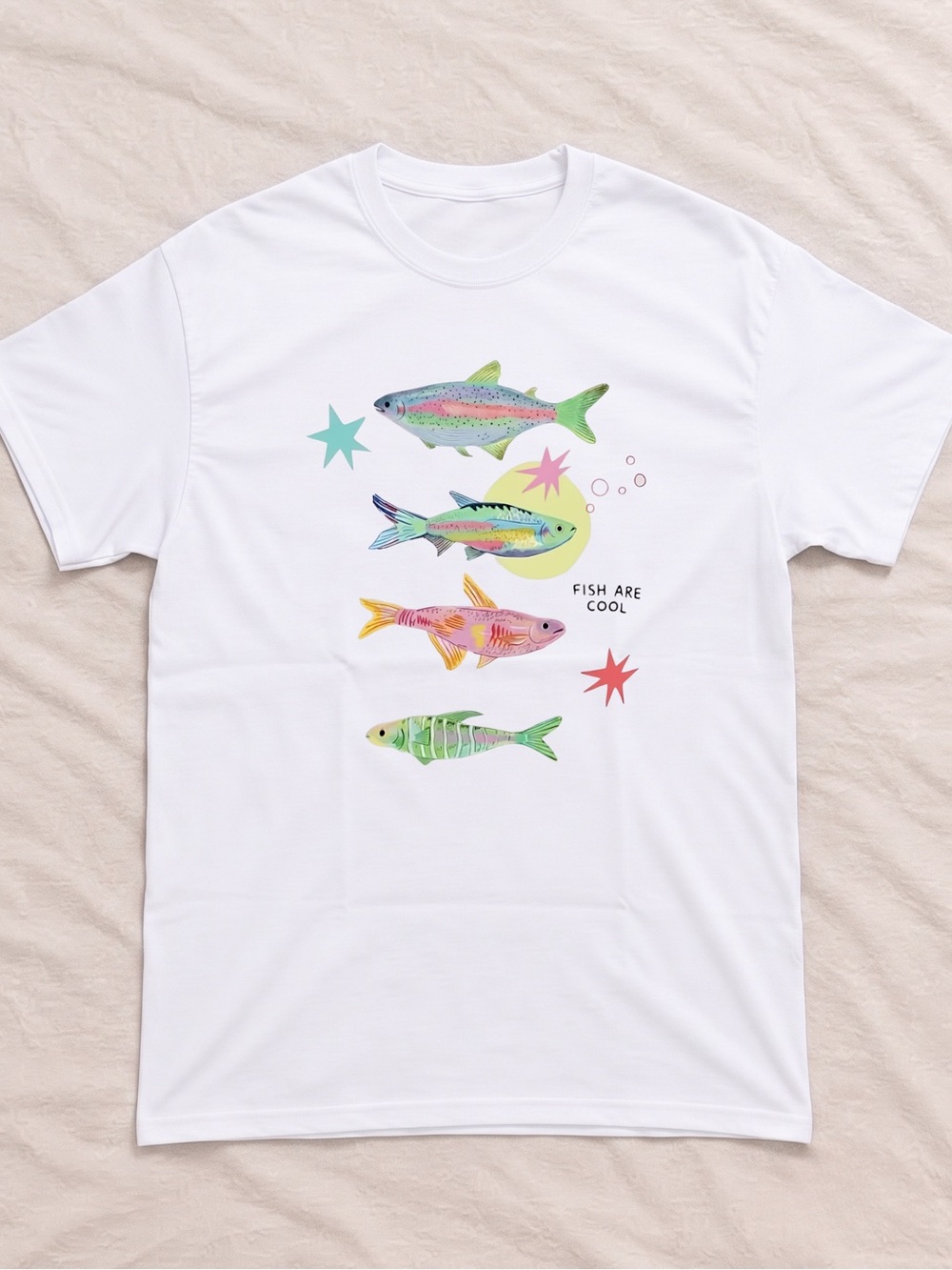 Fish Are Cool White T-Shirt with Colorful Fish Graphic Tee